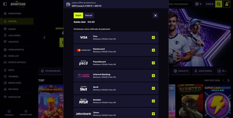 Sportuna Casino moyens paiement